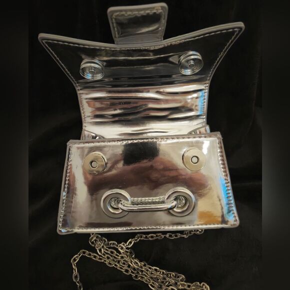 Silver Chrome Mini Bag with Chain Strap and Flap Closure - Picture 2 of 8
